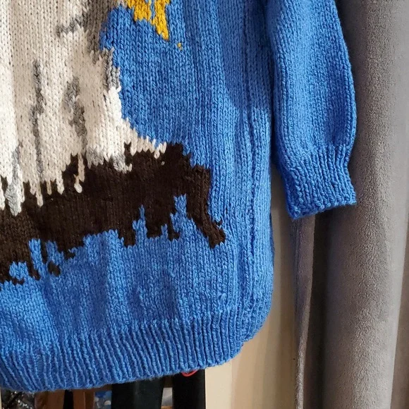 Hand Knit Bulky Cardigan Sweater Eagle Sweater Royal Blue XL - Picture 2 of 12